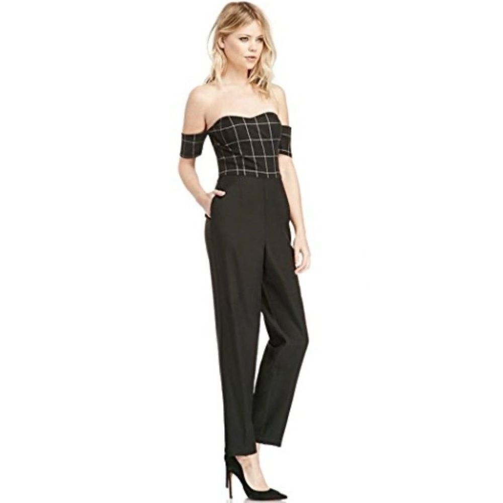Line & Dot Black Off-Shoulder Straight Leg Jumpsuit
